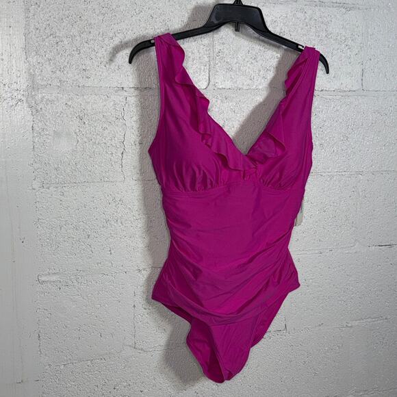 DKNY Ruffle Plunge Underwire Tummy Control One-Piece Swimsuit PINK XXL - Picture 4 of 12